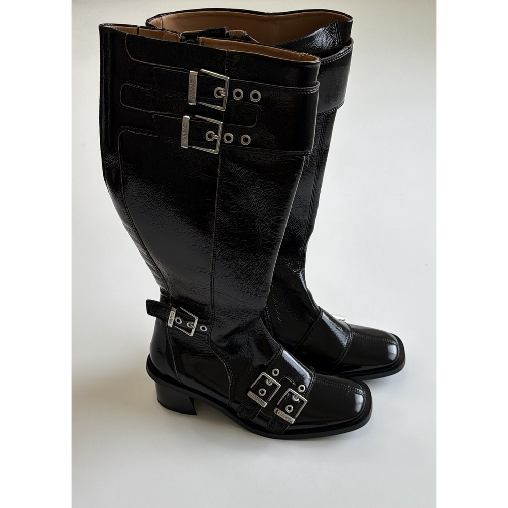GANNI Black Faux Patent Leather Knee High Moto Buckle Boots EU 40 Y2K $695